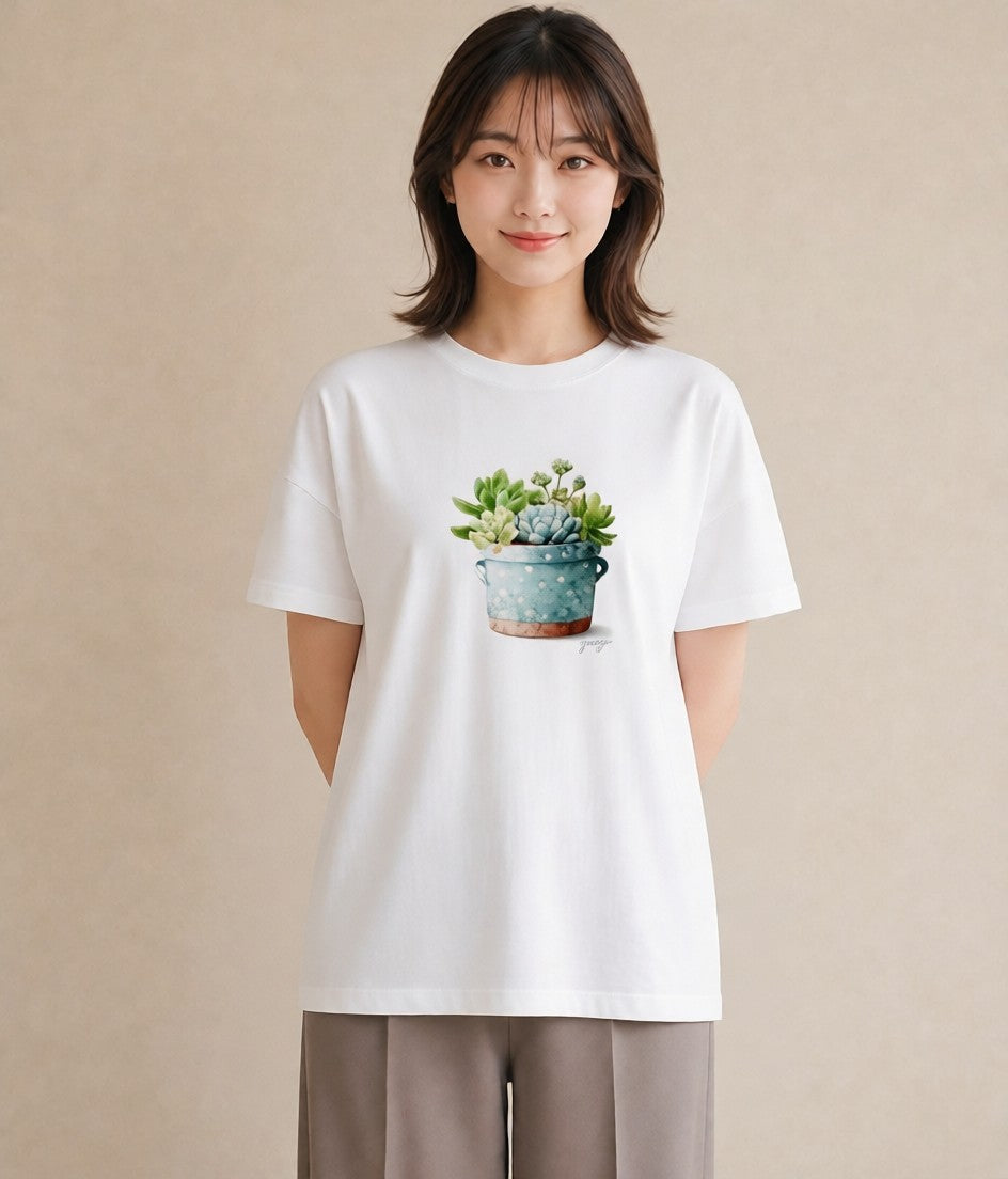 デザインTシャツ レディース 多肉植物 植物 ボタニカル イラスト フェミニン 海 カフェ巡り 白T YMAZO