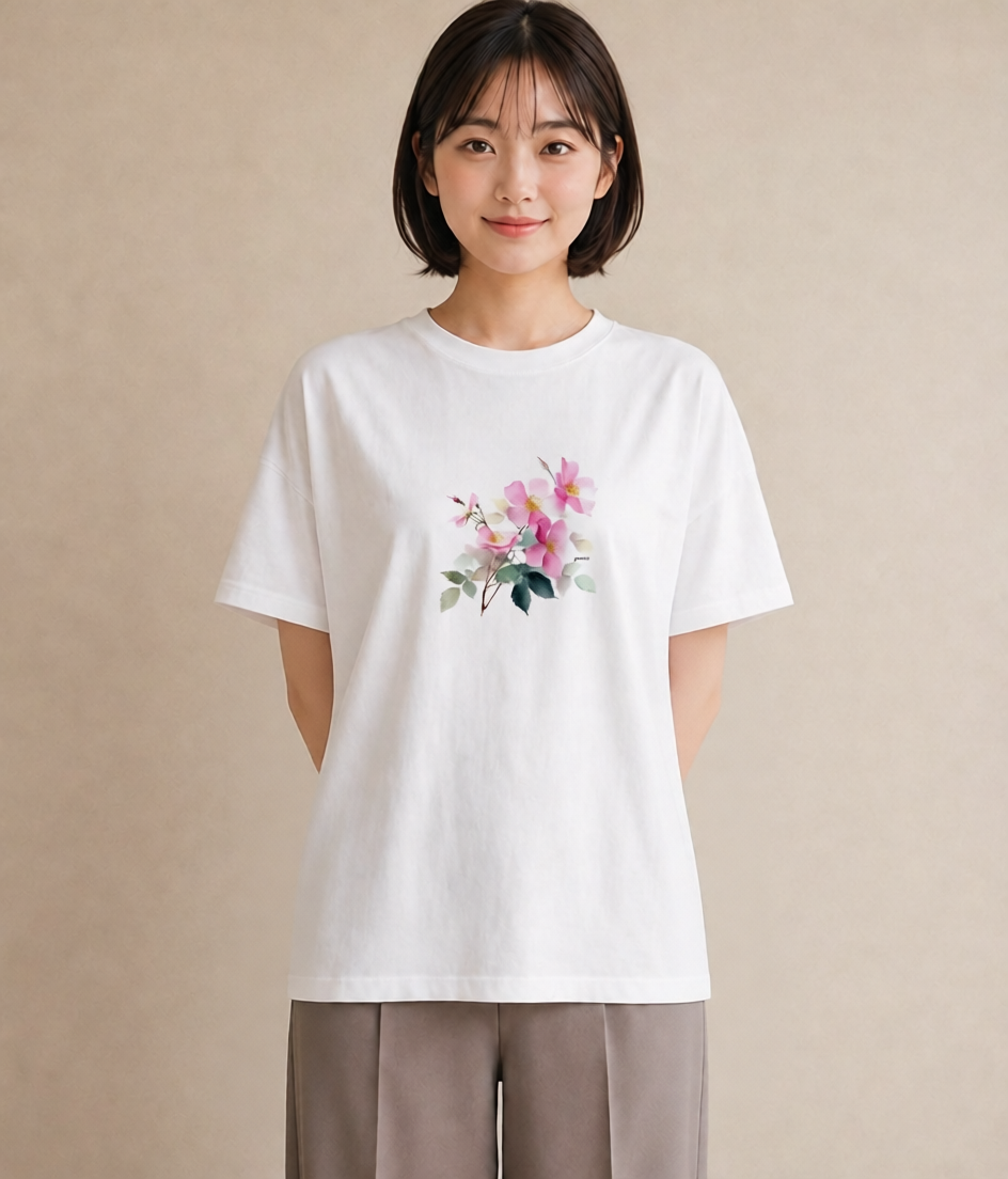 半袖Tシャツ レディース 椿 花 花柄 イラスト 旅行コーデ 週末コーデ 敬老の日 白T