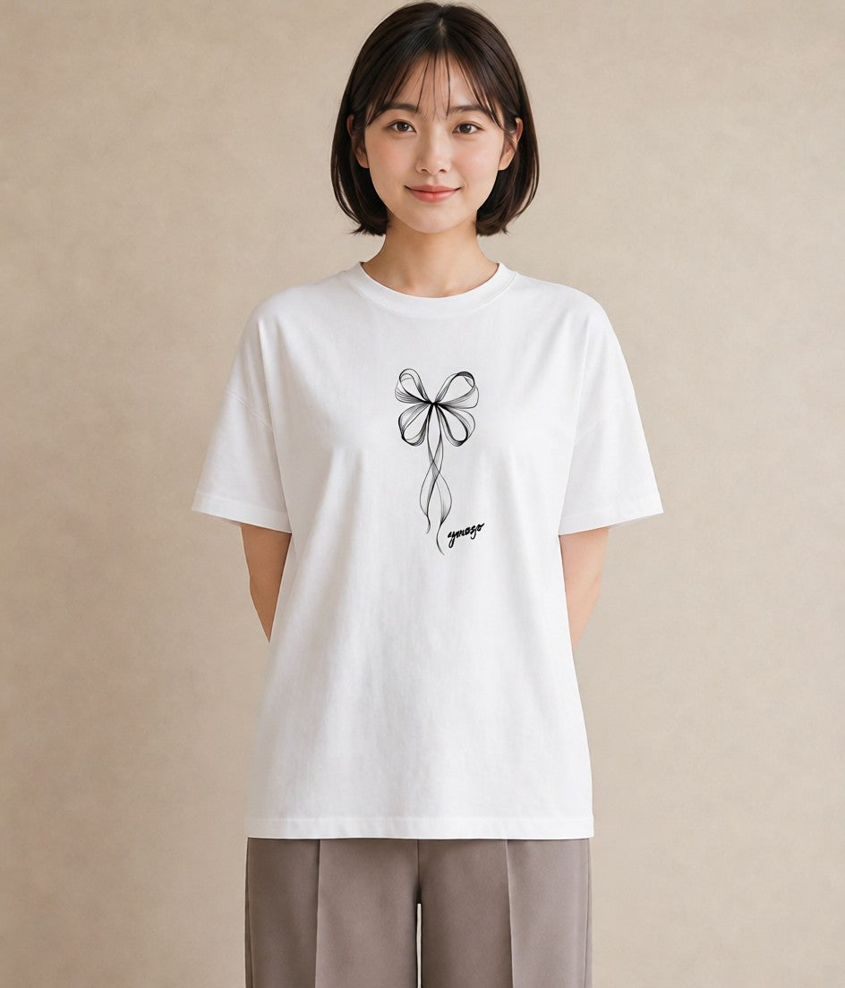 Tシャツ レディース リボン ボウ りぼん イラスト 普段使い デート 帰省 白T YMAZO