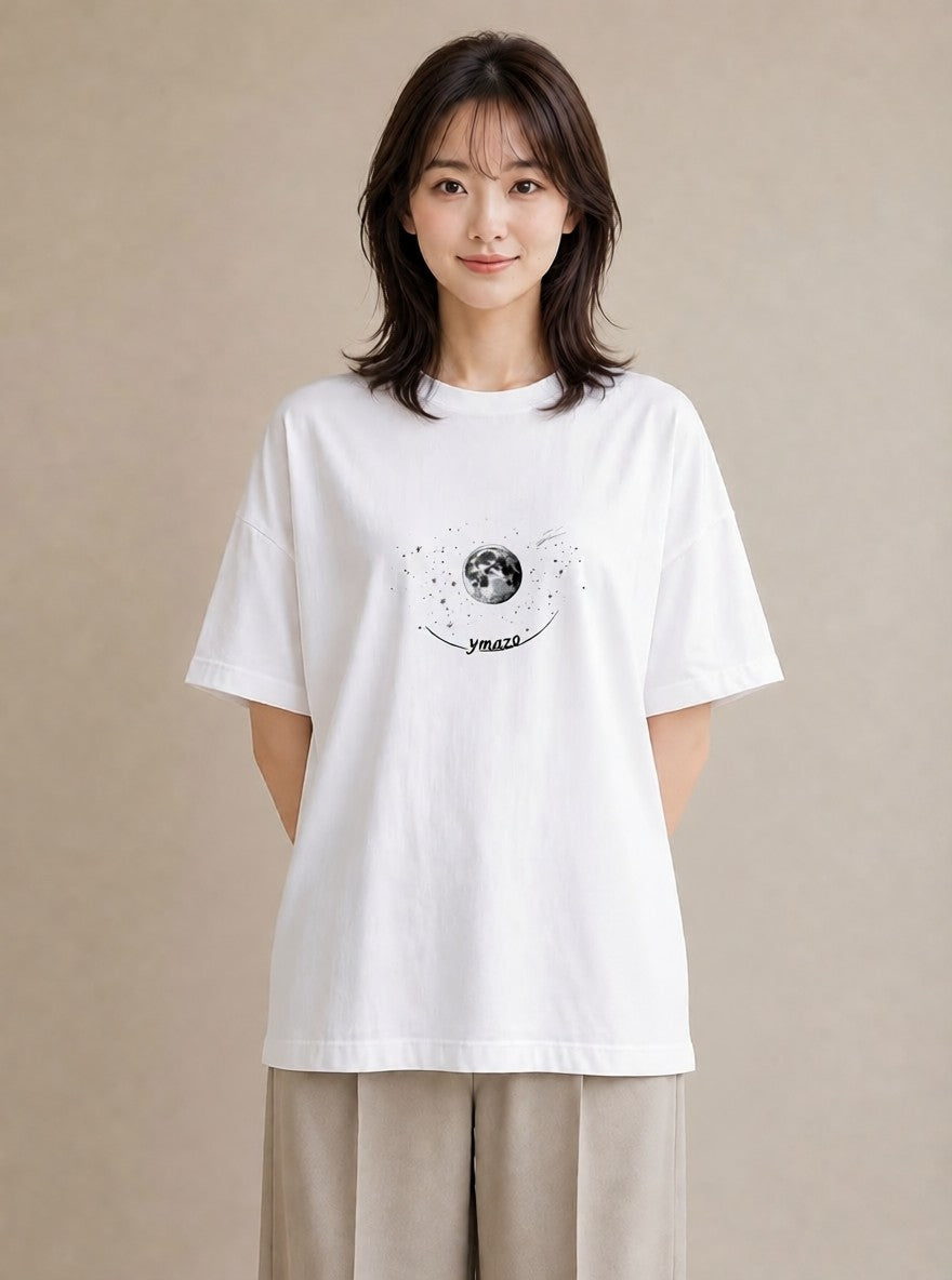 半袖Tシャツ レディース 月と星 星空 ムーン イラスト ゆるコーデ 散歩 お出かけ 白T YMAZO