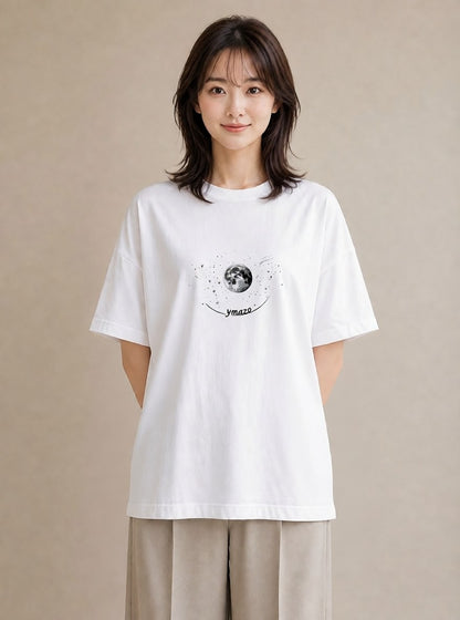 半袖Tシャツ レディース 月と星 星空 ムーン イラスト ゆるコーデ 散歩 お出かけ 白T YMAZO