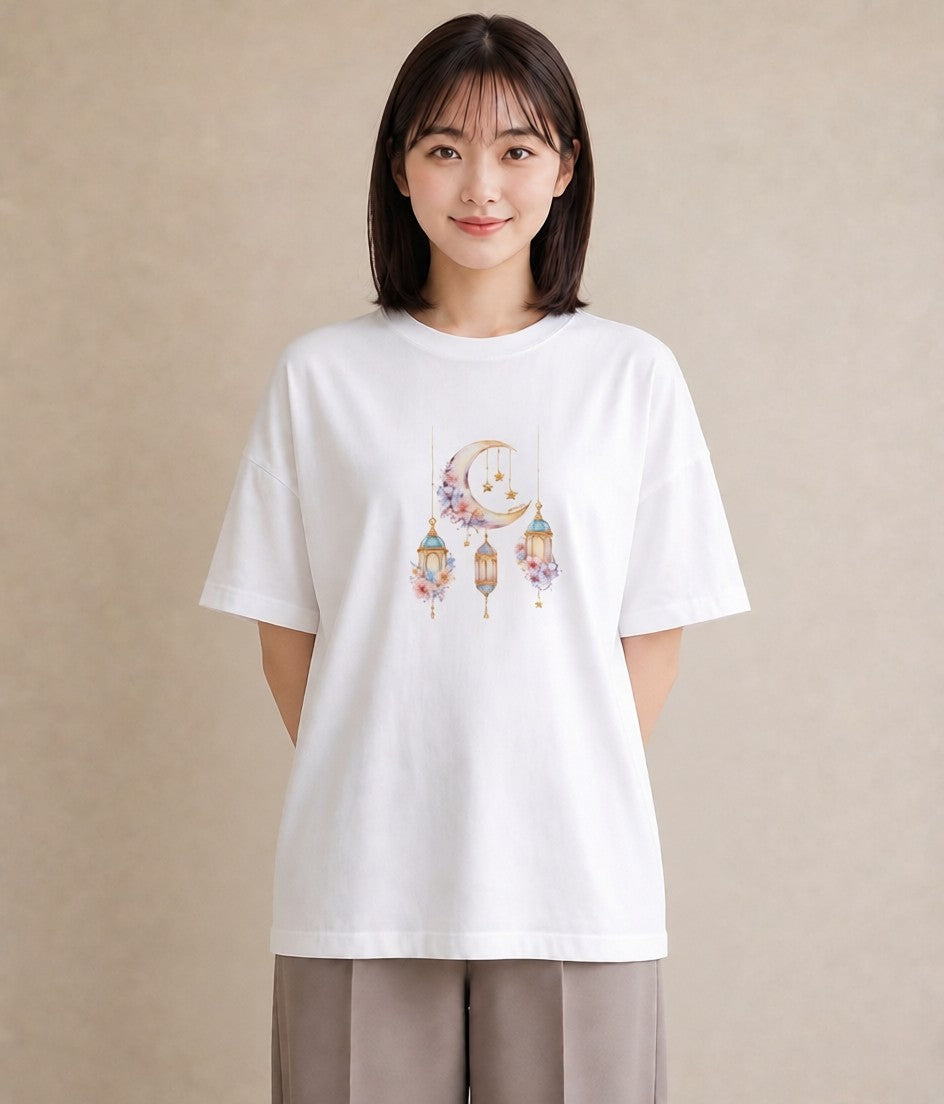 グラフィックTシャツ レディース 三日月 星空 宇宙 イラスト ボタニカル ミセス 春コーデ 白T YMAZO