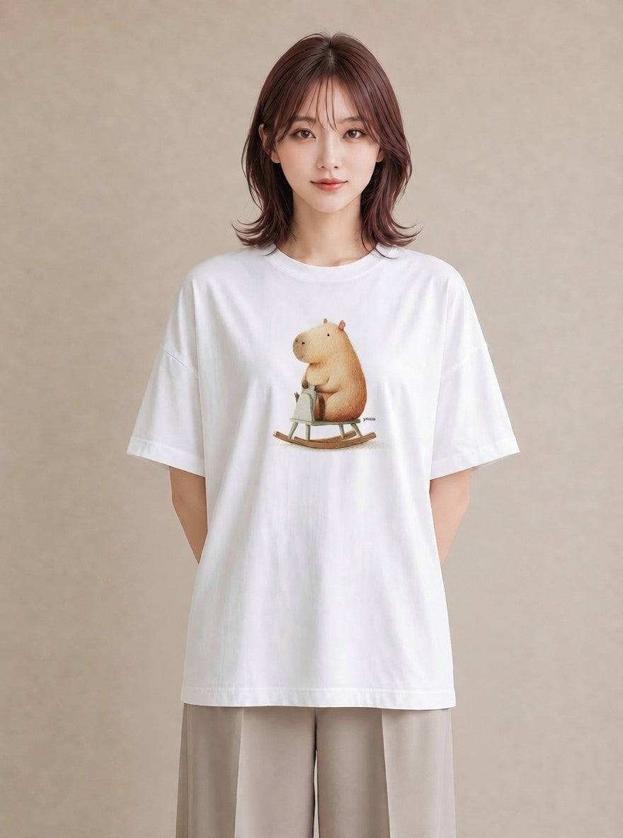 半袖Tシャツ レディース カピバラ かぴばら 動物 アニマル イラスト カフェコーデ 散歩 お出かけ 白T YMAZO