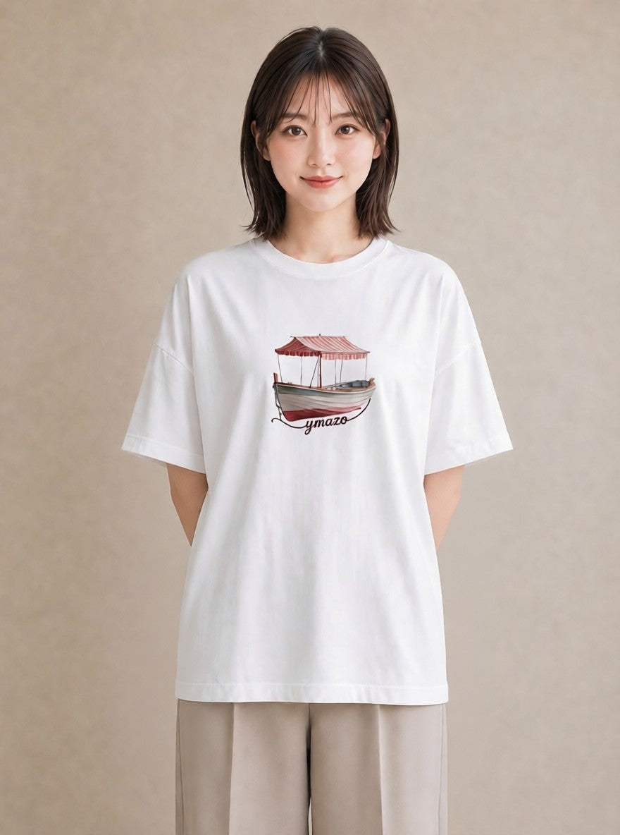 Tシャツ レディース 桟橋 水辺 波止場 ナチュラル アンティーク イラスト ママ カフェ服 白T YMAZO