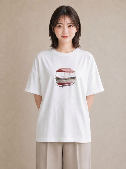Tシャツ レディース 桟橋 水辺 波止場 ナチュラル アンティーク イラスト ママ カフェ服 白T YMAZO