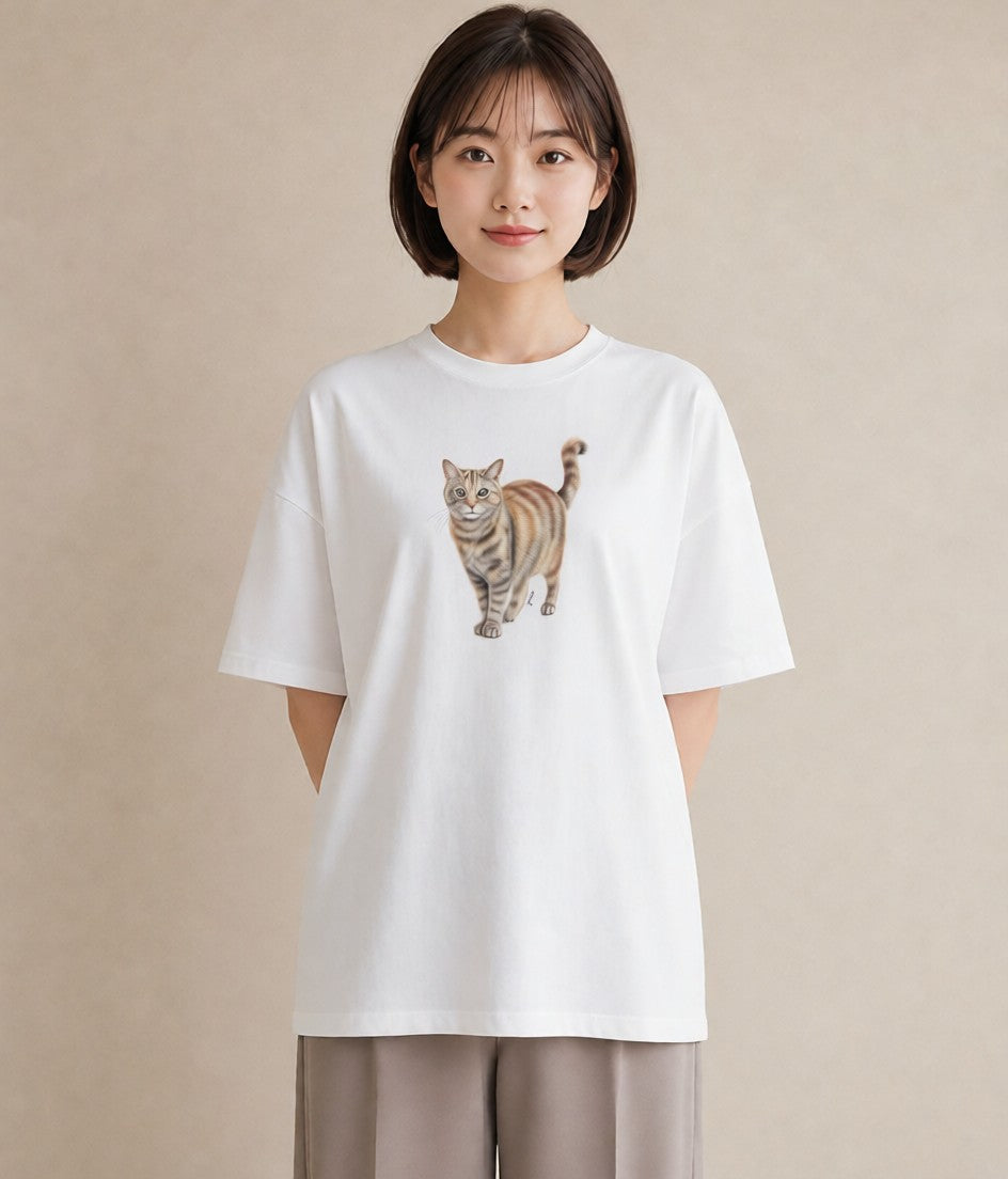 プリントTシャツ レディース スコティッシュフォールド 猫 ねこ イラスト 北欧風 カジュアルコーデ 買い物 白T YMAZO