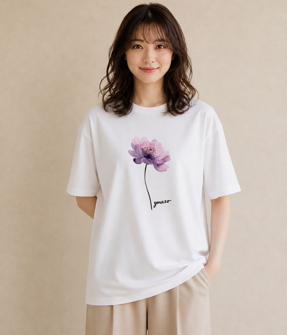半袖Tシャツ レディース スミレ 花 花柄 イラスト ラフカジュアル 海 カフェ巡り 白T YMAZO