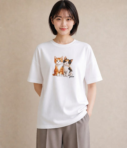 Tシャツ レディース ぶち猫 猫 ねこ イラスト ボタニカル 買い物 夏コーデ 白T YMAZO