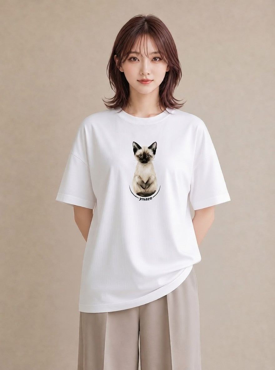 プリントTシャツ レディース 白猫 猫 ねこ イラスト 手描き風 女性 旅行用 白T YMAZO