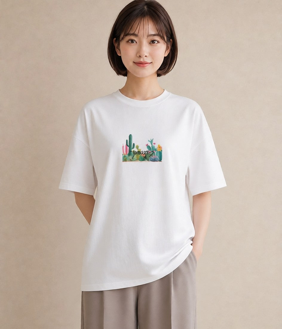 プリントTシャツ レディース サボテン 植物 ボタニカル イラスト 淡色 ホワイトデー 春服 白T YMAZO