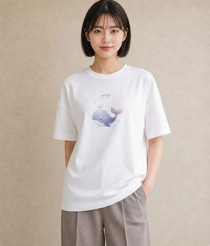 半袖Tシャツ レディース イルカ 海の生き物 海 イラスト 上品 ホワイトデー 春服 白T YMAZO