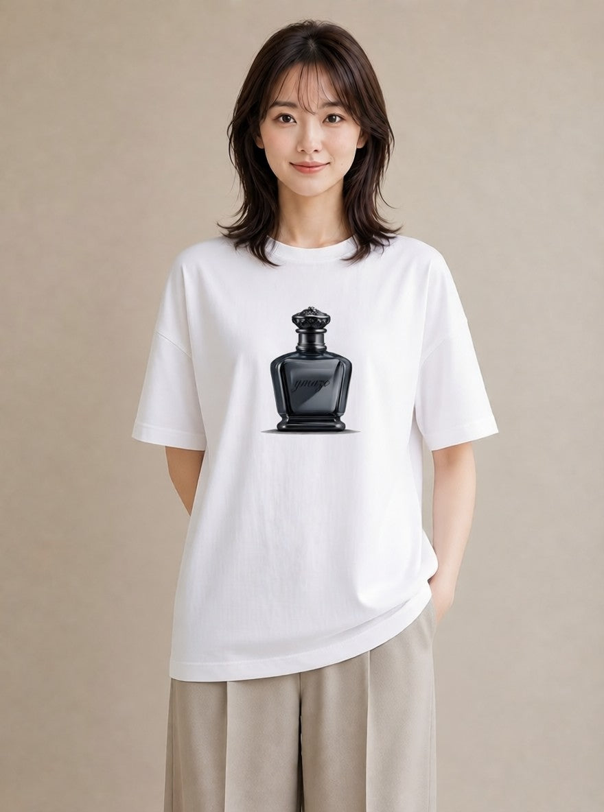 プリントTシャツ レディース 香水 香水瓶 パフューム イラスト 線画 カジュアルコーデ 買い物 白T YMAZO
