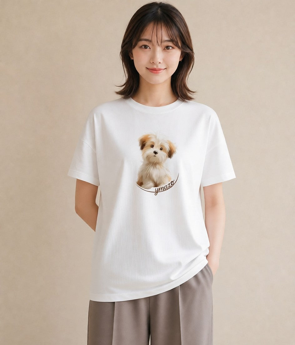 Tシャツ レディース わんちゃん 犬 いぬ イラスト ミニマル 普段着 週末コーデ 白T YMAZO