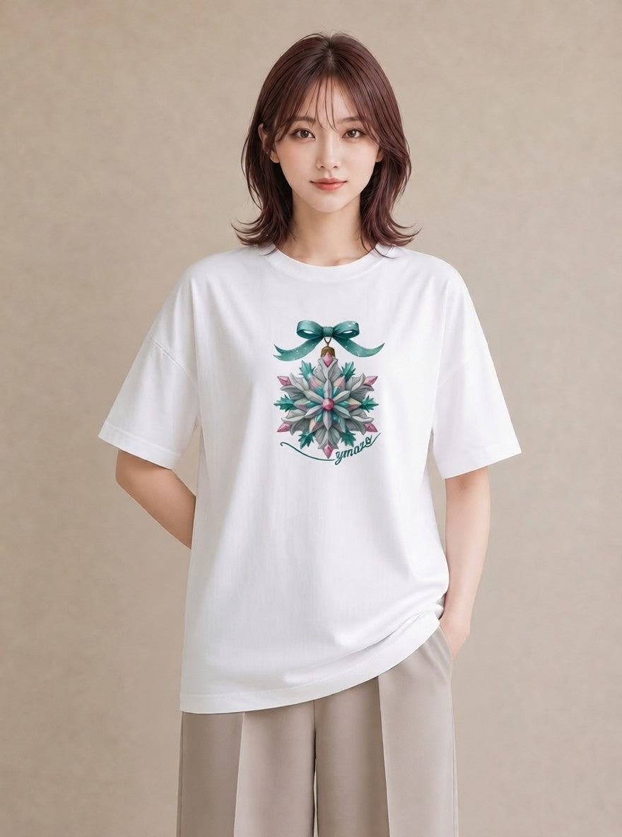 Tシャツ レディース 雪の結晶 星空 宇宙 イラスト 淡色 ママ カフェ服 白T YMAZO