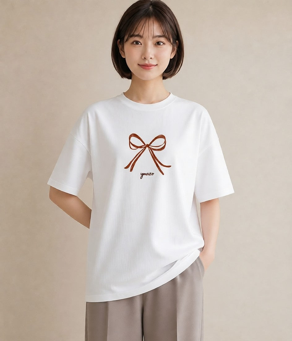 Tシャツ レディース リボン ボウ りぼん イラスト ポップ ビーチ デイリーウェア 白T YMAZO