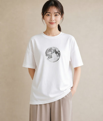 半袖Tシャツ レディース 満月 星空 宇宙 イラスト 個性的 買い物 夏コーデ 白T YMAZO