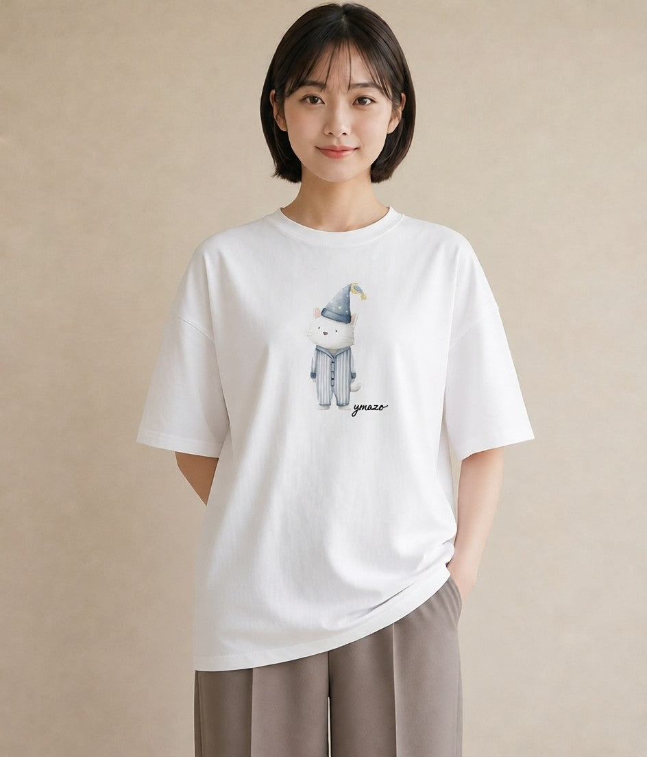 プリントTシャツ レディース ハチワレ 白黒猫 猫 ねこ イラスト ユニーク 女子会 お揃い 白T YMAZO