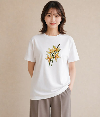 グラフィックTシャツ レディース ゆり 百合 花 花柄 イラスト ラフ カジュアルコーデ 買い物 白T