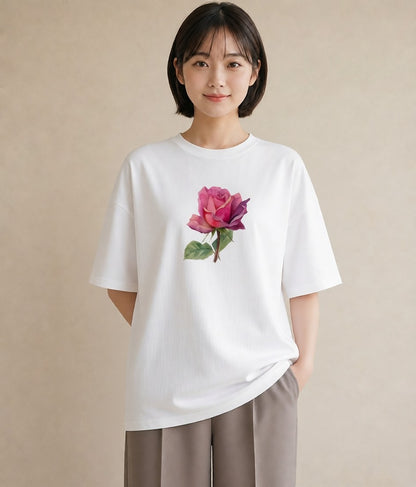 プリントTシャツ レディース バラ 薔薇 ローズ 花 花柄 イラスト カフェ服 クリスマス 白T YMAZO