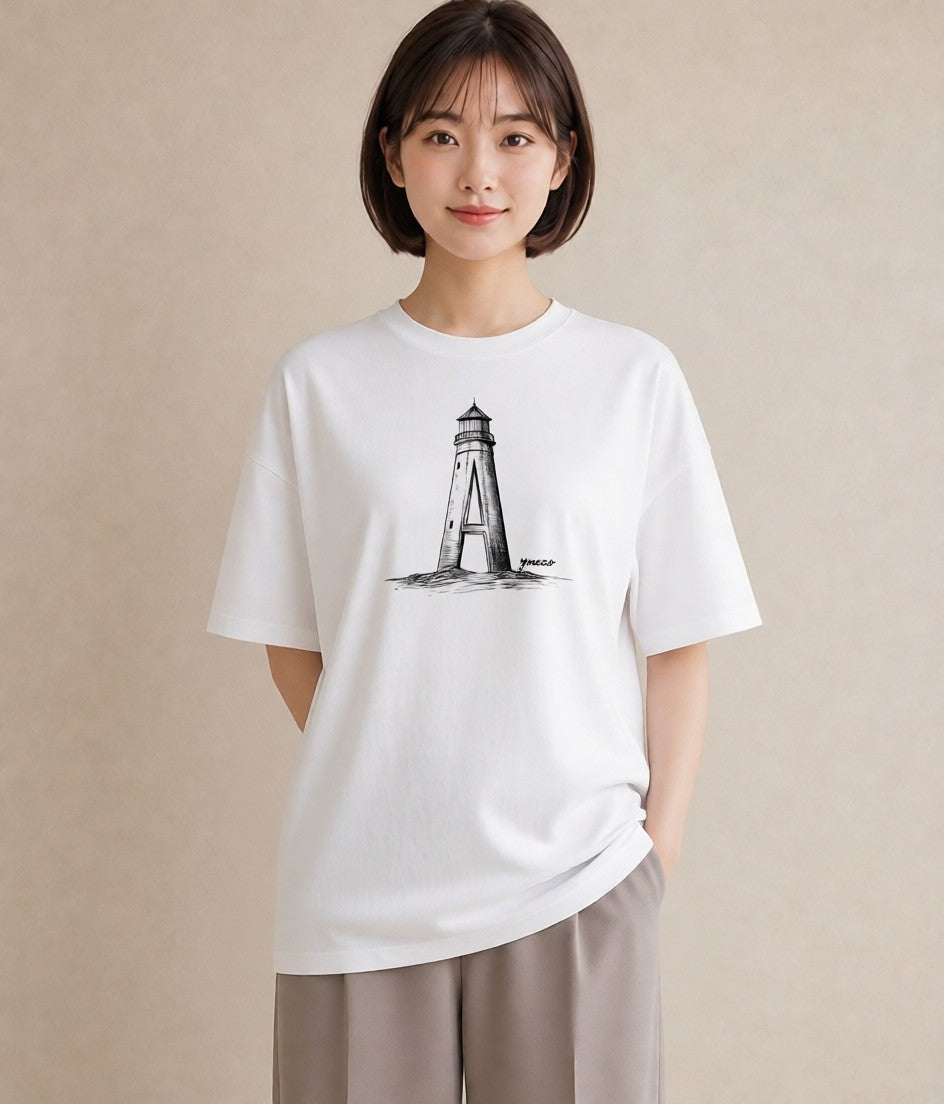 デザインTシャツ レディース 灯台 霧 海 ナチュラル アンティーク イラスト 可愛い デイリーウェア 休日 白T YMAZO