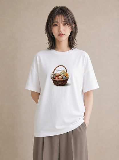 半袖Tシャツ レディース 自転車のかご 自転車 花かご ナチュラル アンティーク イラスト アート風 休日 ペアコーデ 白T YMAZO