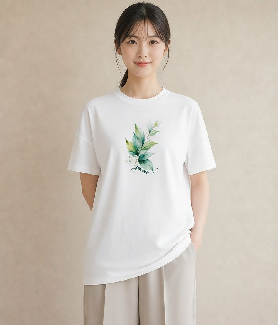 デザインTシャツ レディース 葉っぱ 植物 ボタニカル イラスト シンプル お出かけ 普段着 白T YMAZO