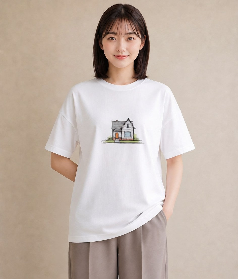 Tシャツ レディース 湖畔の小屋 湖 小屋 ナチュラル アンティーク イラスト 抜け感 部屋着 女性向けギフト 白T YMAZO