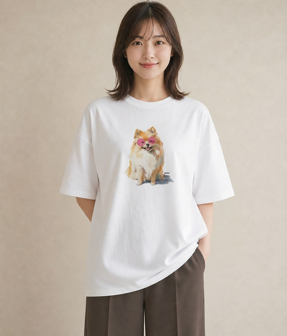 半袖Tシャツ レディース ポメラニアン ポメ 犬 いぬ イラスト ラフ 綿100 デート 白T YMAZO