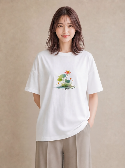 グラフィックTシャツ レディース 蓮 花 花柄 イラスト 個性的 旅行用 海 白T