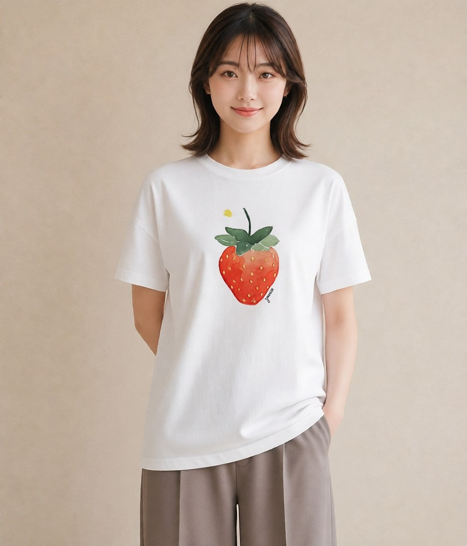プリントTシャツ レディース いちご 苺 ストロベリー 食べ物 フード イラスト 韓国風 週末コーデ 敬老の日 白T YMAZO