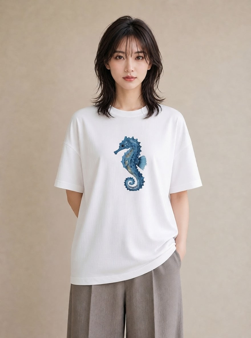 プリントTシャツ レディース タツノオトシゴ 海の生き物 海 イラスト こなれ感 社会人 女性 白T YMAZO
