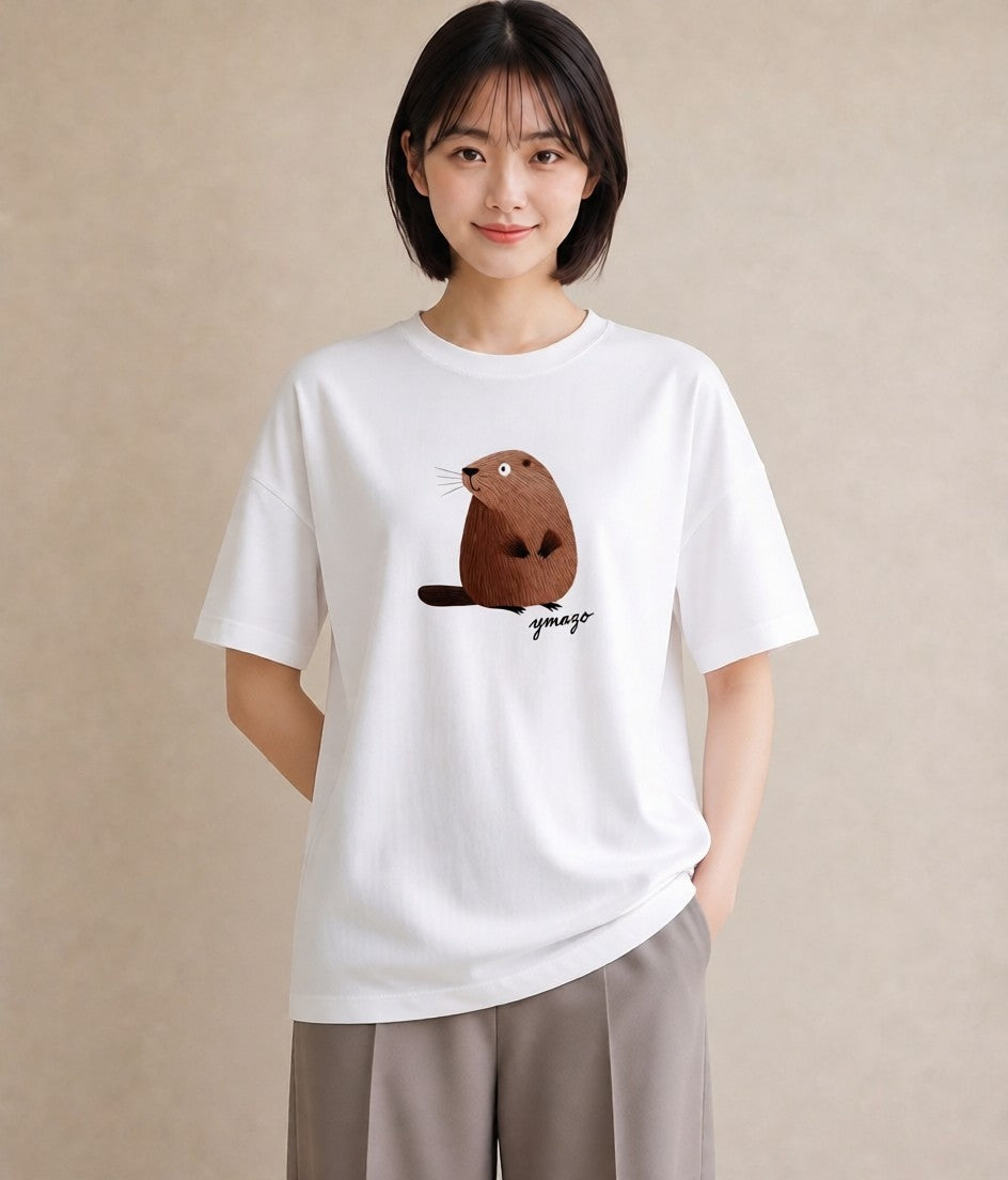 半袖Tシャツ レディース コツメカワウソ 動物 アニマル イラスト 線画 女性向けギフト 散歩 白T YMAZO