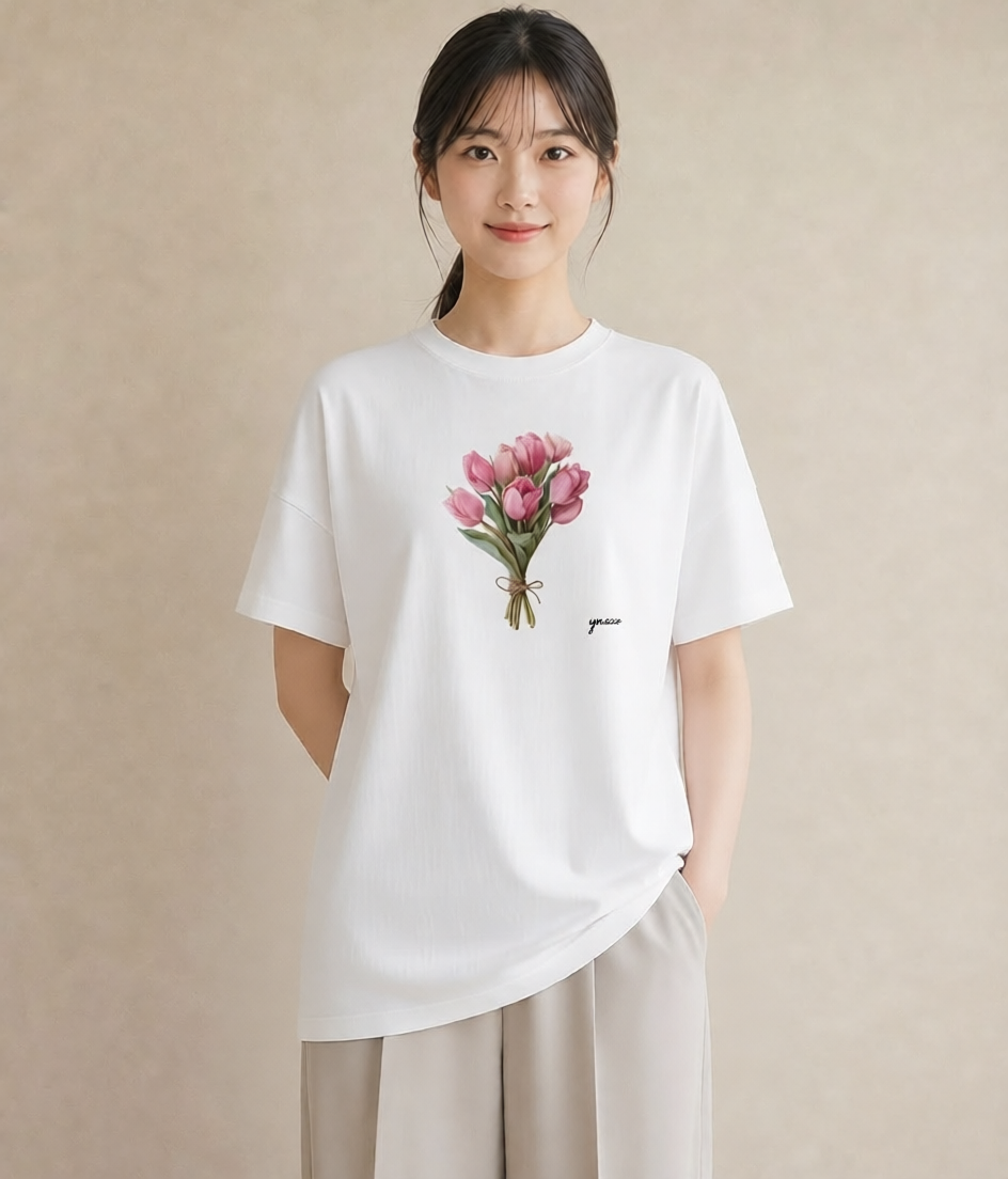 Tシャツ レディース チューリップ 花 花柄 イラスト フェミニン 秋コーデ おしゃれギフト 白T