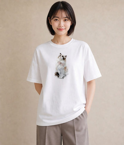 プリントTシャツ レディース 愛猫 猫 ねこ イラスト こなれ感 自分用 ルームウェア 白T YMAZO