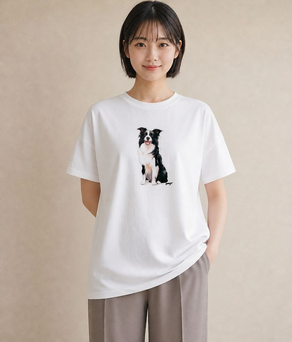 プリントTシャツ レディース ボーダーコリー 犬 いぬ イラスト シンプル 女性向けギフト 散歩 白T YMAZO