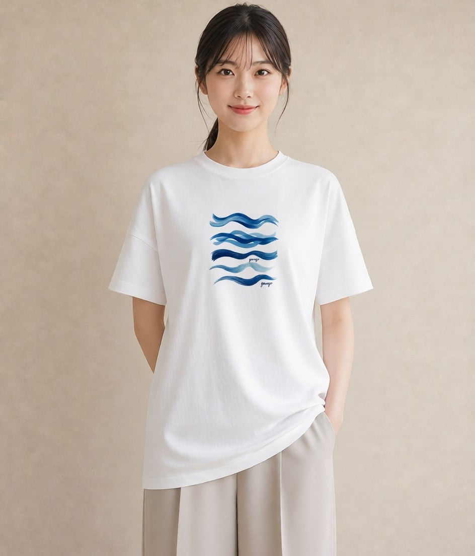 プリントTシャツ レディース 波 星空 宇宙 イラスト 水彩風 カジュアルコーデ 買い物 白T YMAZO