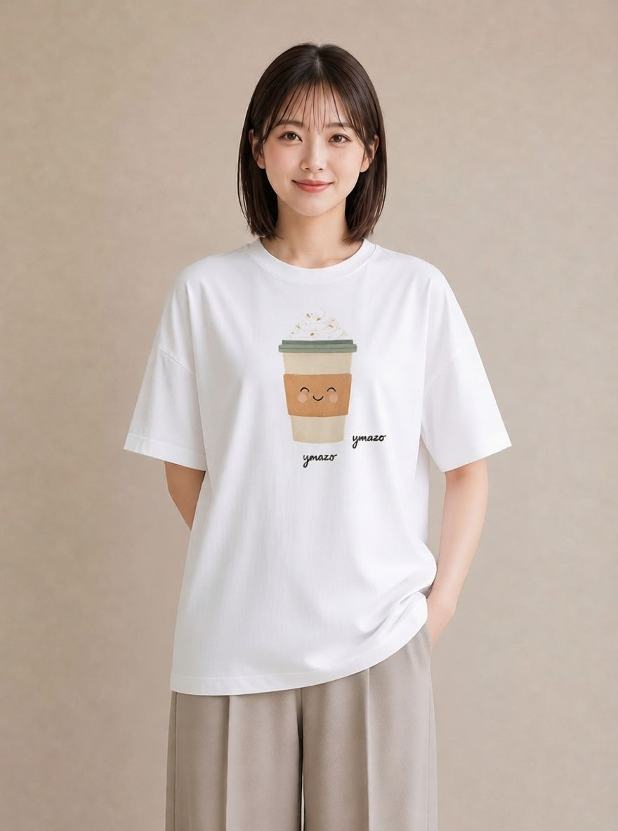 半袖Tシャツ レディース カフェラテ 食べ物 フード イラスト ニュアンス デート 帰省 白T YMAZO