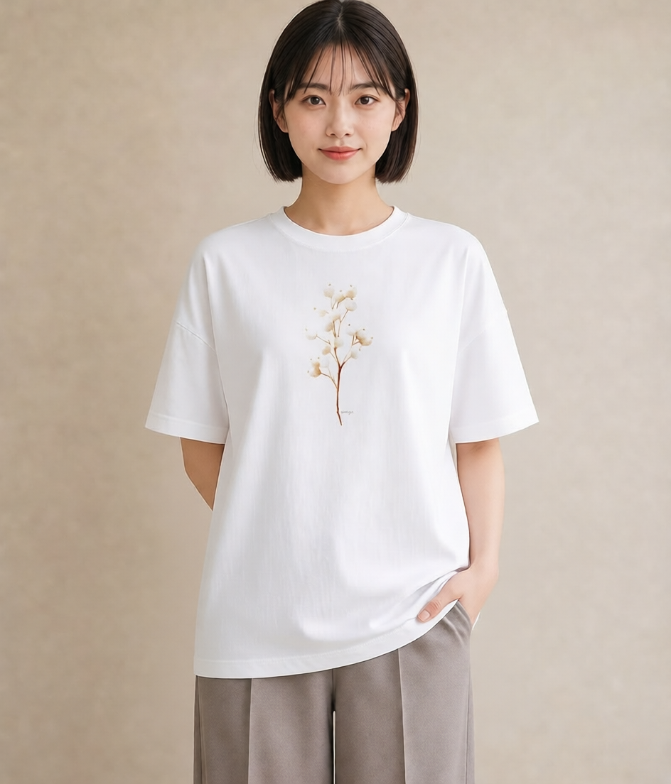 プリントTシャツ レディース カスミソウ かすみ草 花 花柄 イラスト ヴィンテージ風 休日 ペアコーデ 白T