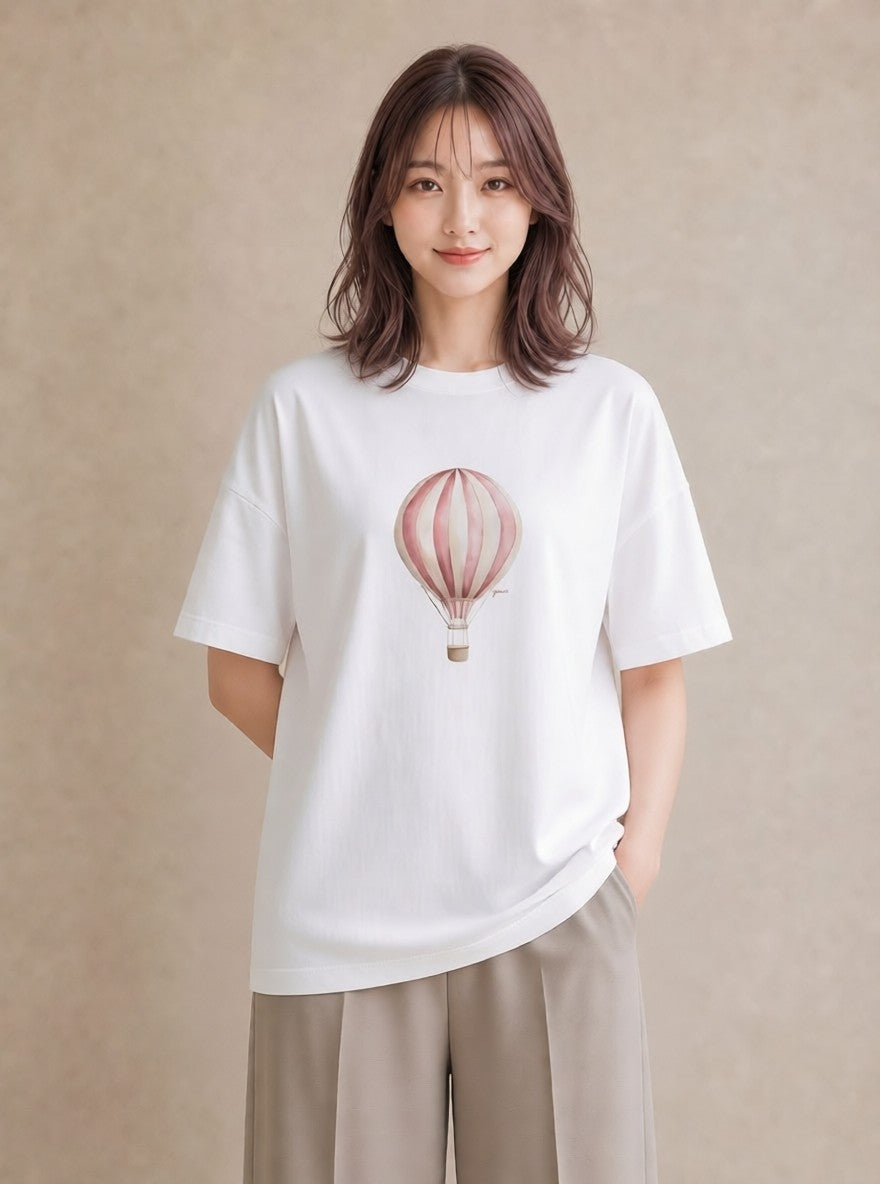 プリントTシャツ レディース 紙風船 和紙 ナチュラル アンティーク イラスト ポップ 帰省 ラフ 白T YMAZO