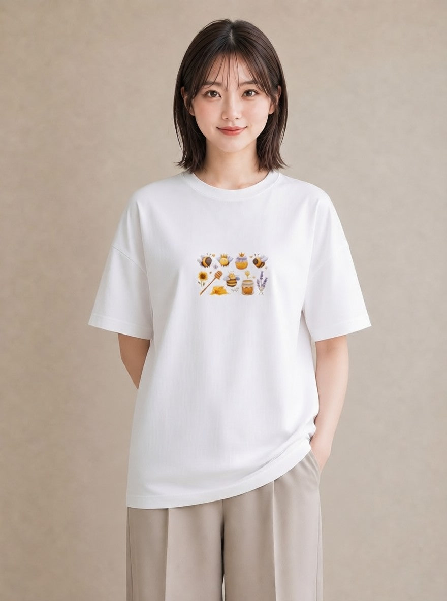 プリントTシャツ レディース みつばち 昆虫 虫 イラスト ポップ カジュアルコーデ 買い物 白T YMAZO