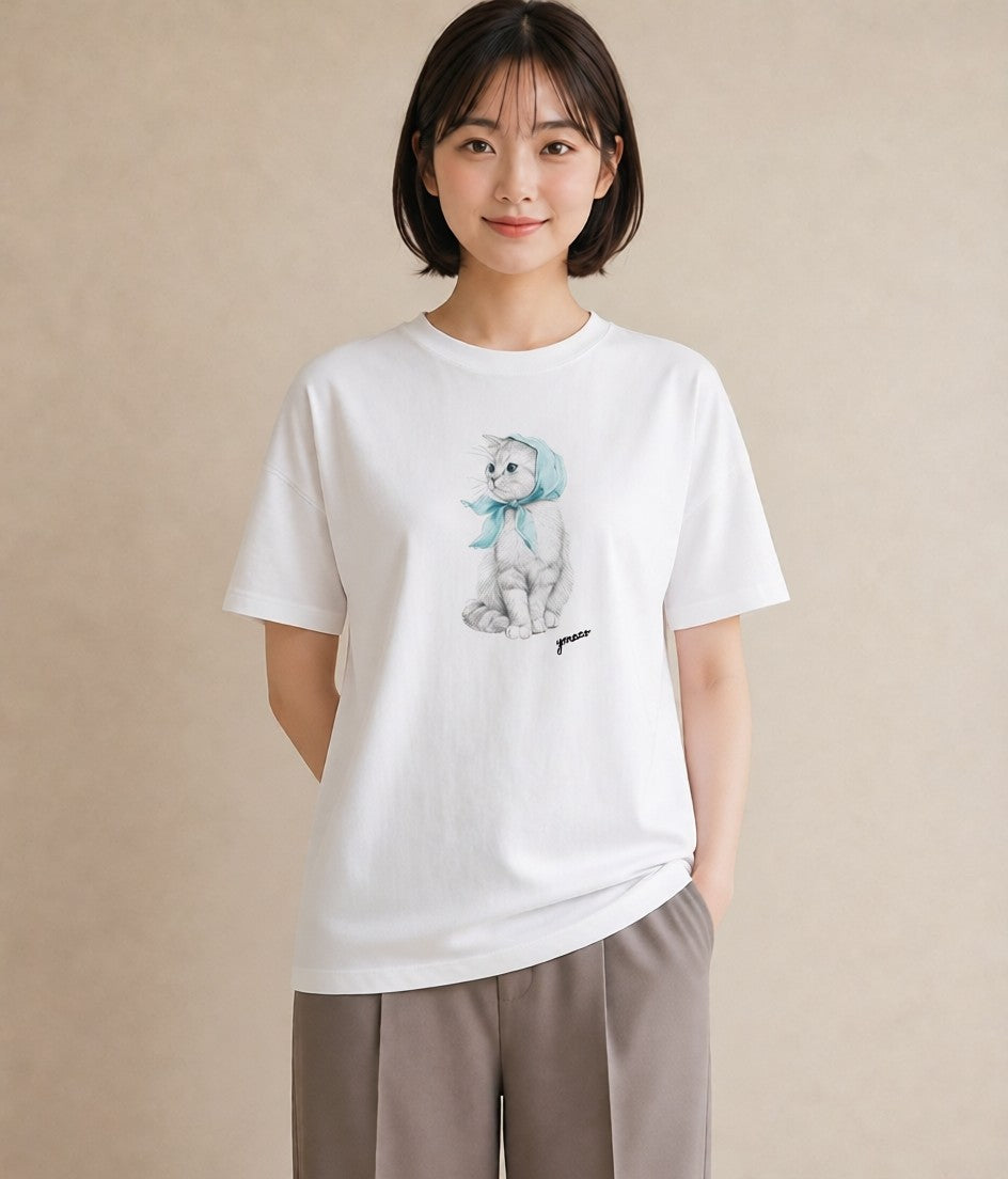 デザインTシャツ レディース スコティッシュフォールド 猫 ねこ イラスト 抜け感 社会人 女性 白T YMAZO