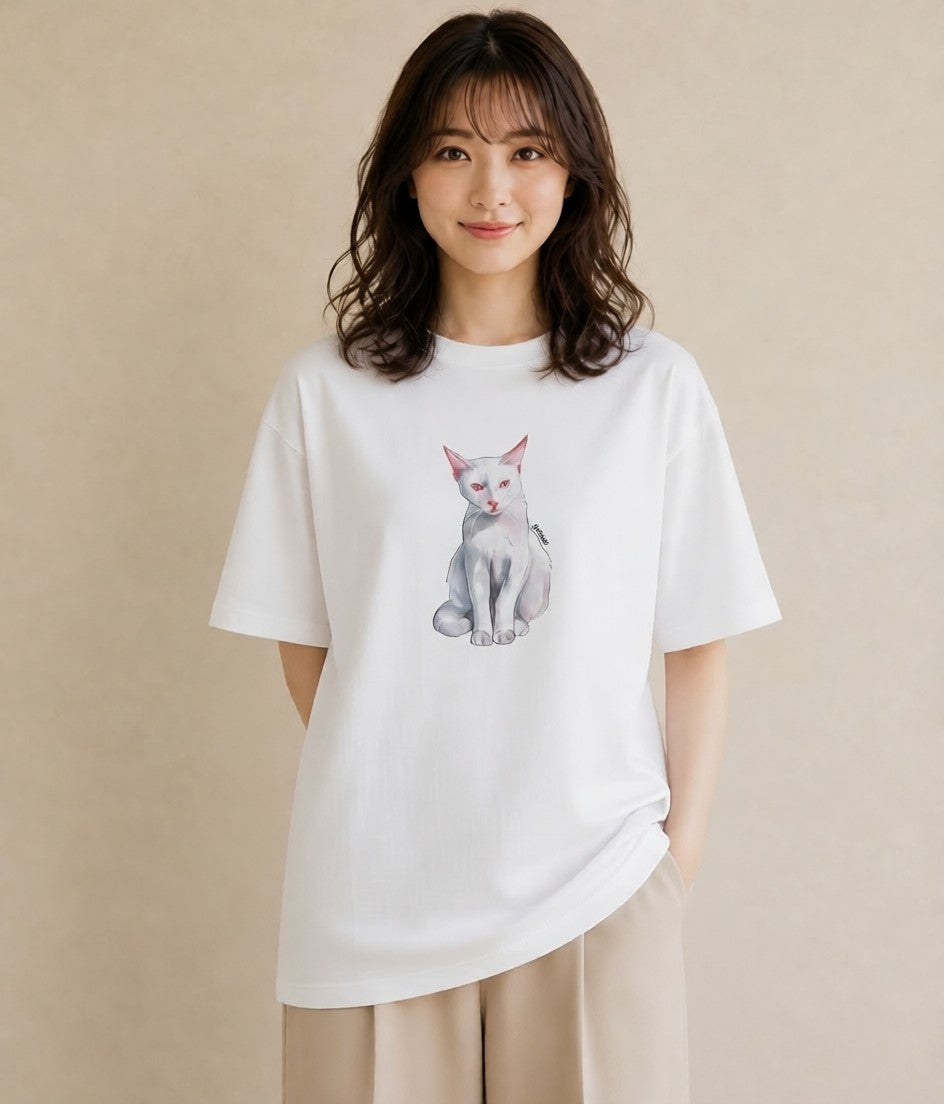 デザインTシャツ レディース 猫 ねこ イラスト ゆるかわ ペアコーデ 秋コーデ 白T YMAZO