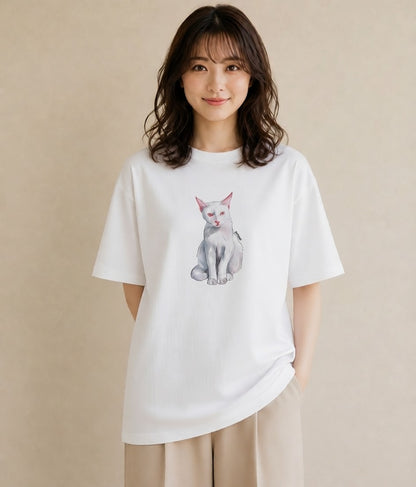 デザインTシャツ レディース 猫 ねこ イラスト ゆるかわ ペアコーデ 秋コーデ 白T YMAZO