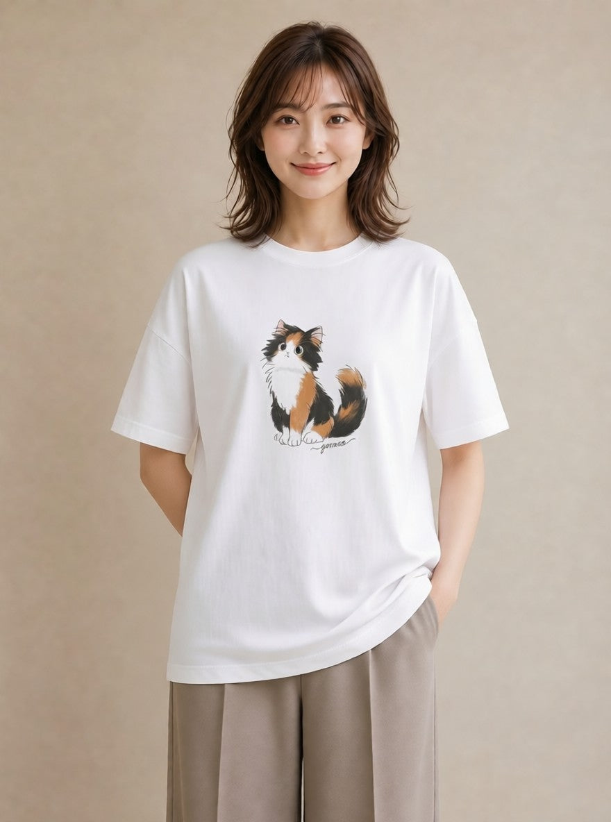 半袖Tシャツ レディース マンチカン 猫 ねこ イラスト 北欧風 敬老の日 ホワイトデー 白T YMAZO