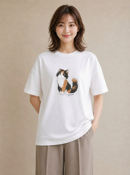 半袖Tシャツ レディース マンチカン 猫 ねこ イラスト 北欧風 敬老の日 ホワイトデー 白T YMAZO