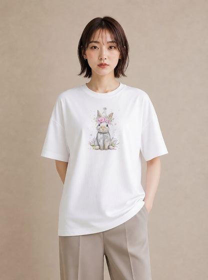 半袖Tシャツ レディース ライオンラビット ペット 動物 イラスト シック 自分用 ルームウェア 白T YMAZO