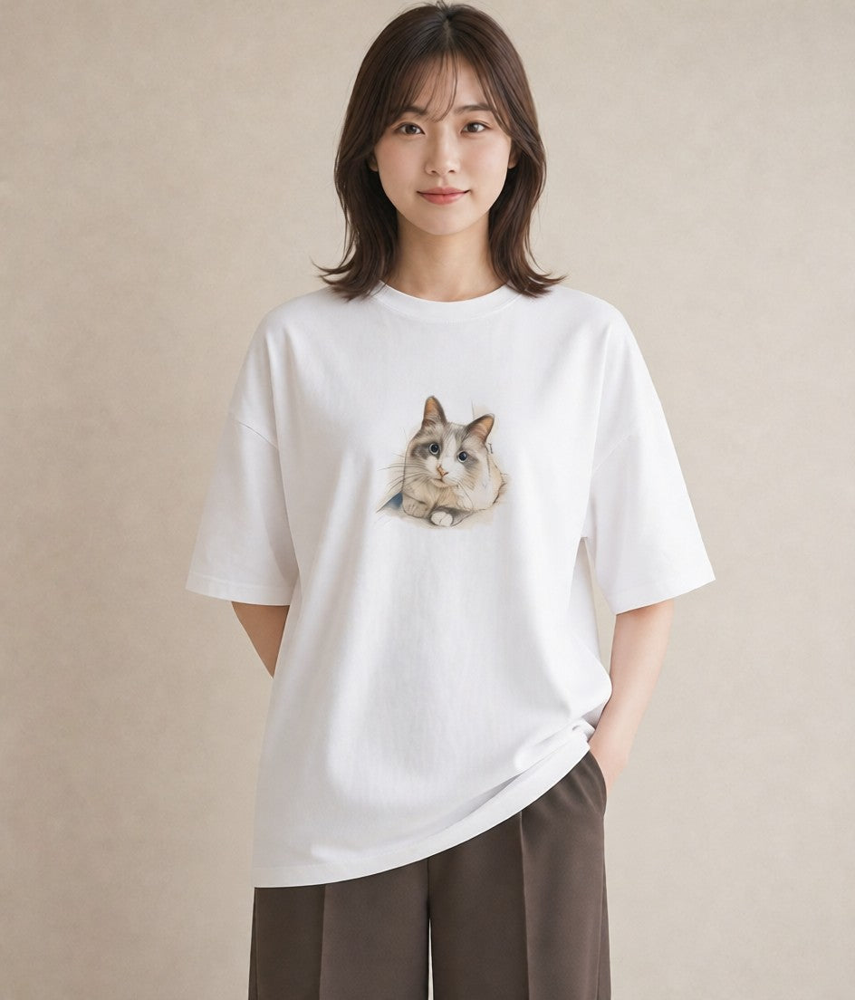 デザインTシャツ レディース ペルシャ 猫 ねこ イラスト ニュアンス 普段着 週末コーデ 白T YMAZO