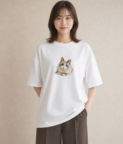 デザインTシャツ レディース ペルシャ 猫 ねこ イラスト ニュアンス 普段着 週末コーデ 白T YMAZO