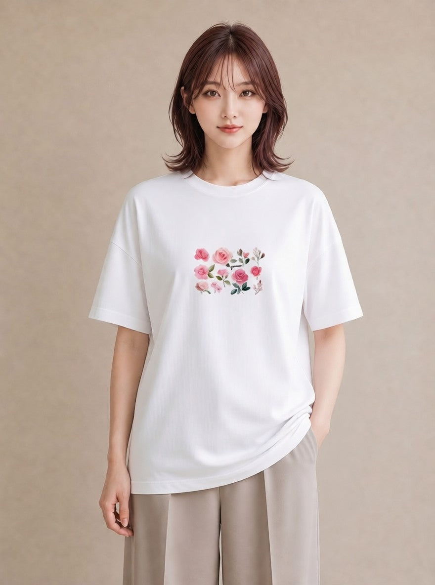 デザインTシャツ レディース バラ 薔薇 ローズ 花 花柄 イラスト ガーリー 散歩 お出かけ 白T YMAZO