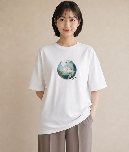 Tシャツ レディース 地球 星空 宇宙 イラスト 手描き風 デイリーウェア 休日 白T YMAZO
